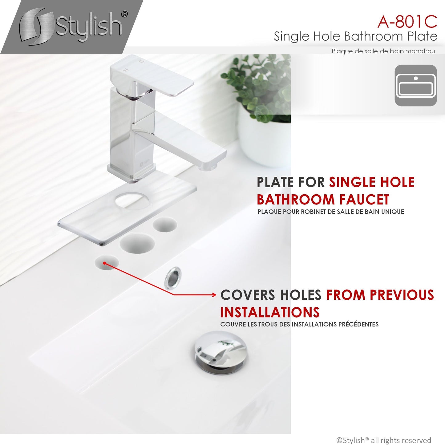 Stylish Single Hole Bathroom Faucet Plate in Polished Chrome Finish A-801C