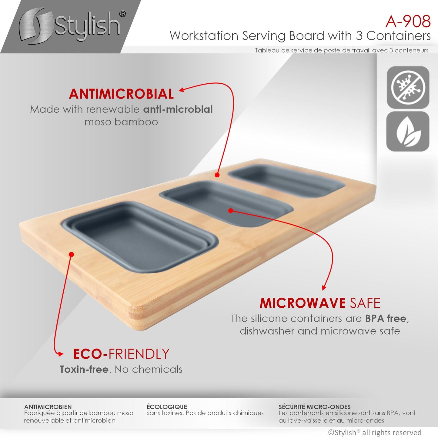 Stylish Workstation Serving Board With 3 Containers A-908
