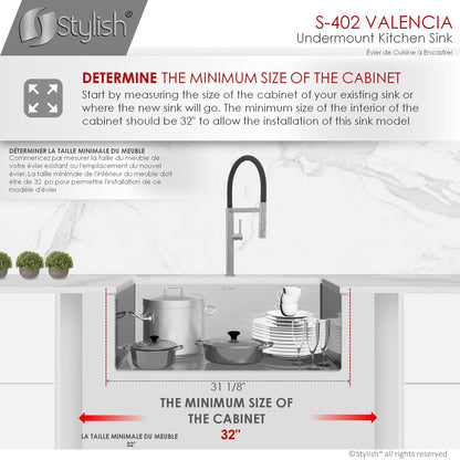 STYLISH Valencia 31.13" x 18" Single Bowl Undermount Stainless Steel Kitchen Sink S-402G