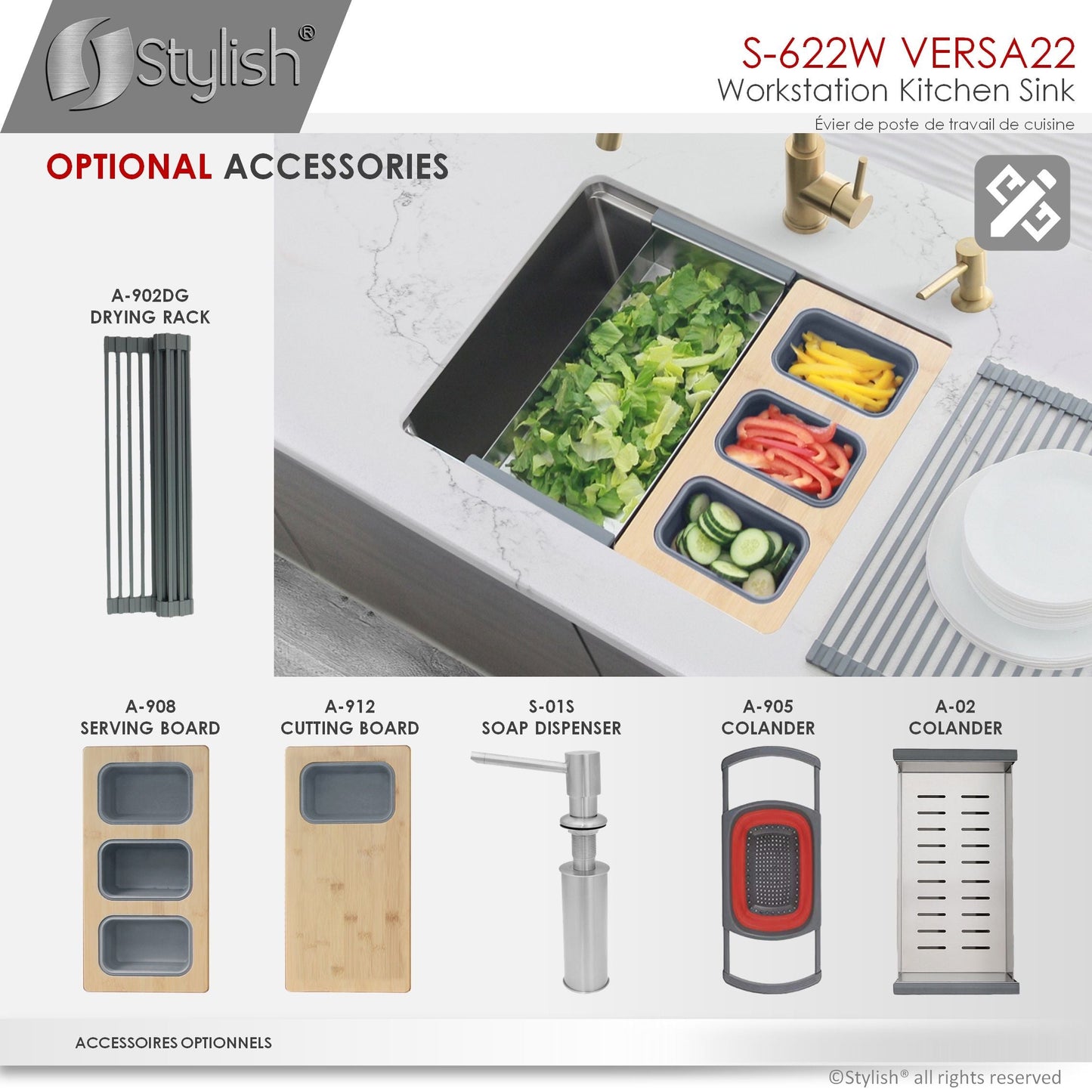 Stylish Versa22 22" x 19" Workstation Single Bowl Undermount 16 Gauge Stainless Steel Kitchen Sink with Built in Accessories S-622W