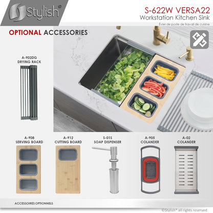 Stylish Versa22 22" x 19" Workstation Single Bowl Undermount 16 Gauge Stainless Steel Kitchen Sink with Built in Accessories S-622W