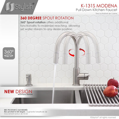 Stylish Modena 14" Kitchen Faucet Single Handle Pull Down Dual Mode Stainless Steel Brushed Finish K-131S