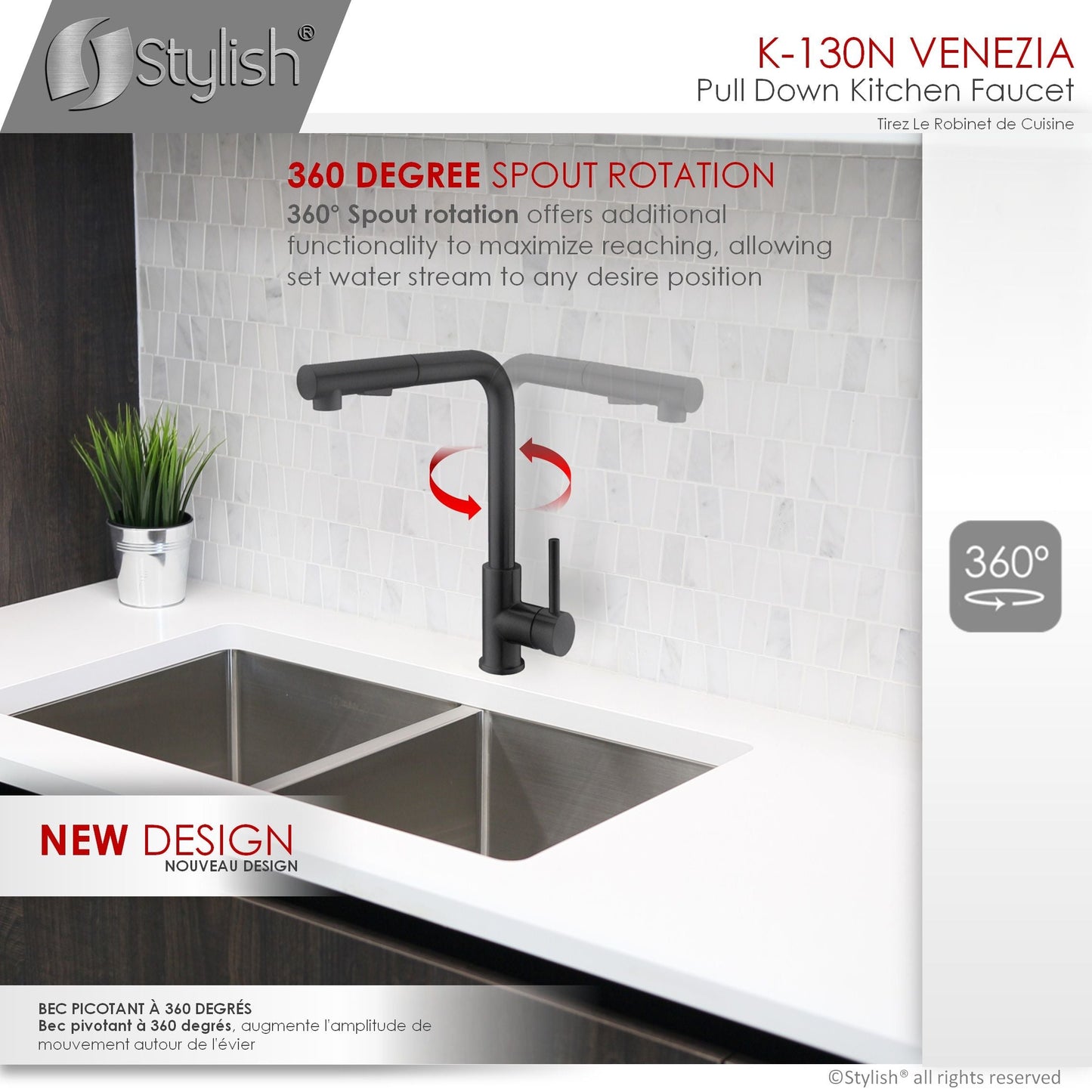 Stylish Venezia 12" Kitchen Faucet Single Handle Pull Down Dual Mode Stainless Steel, Matte Black Finish K-130N