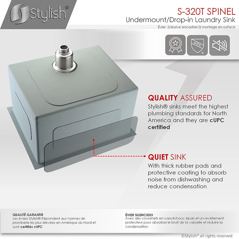 Stylish Spinel 22" x 18" Stainless Steel Single Bowl Undermount Laundry Sink S-320T