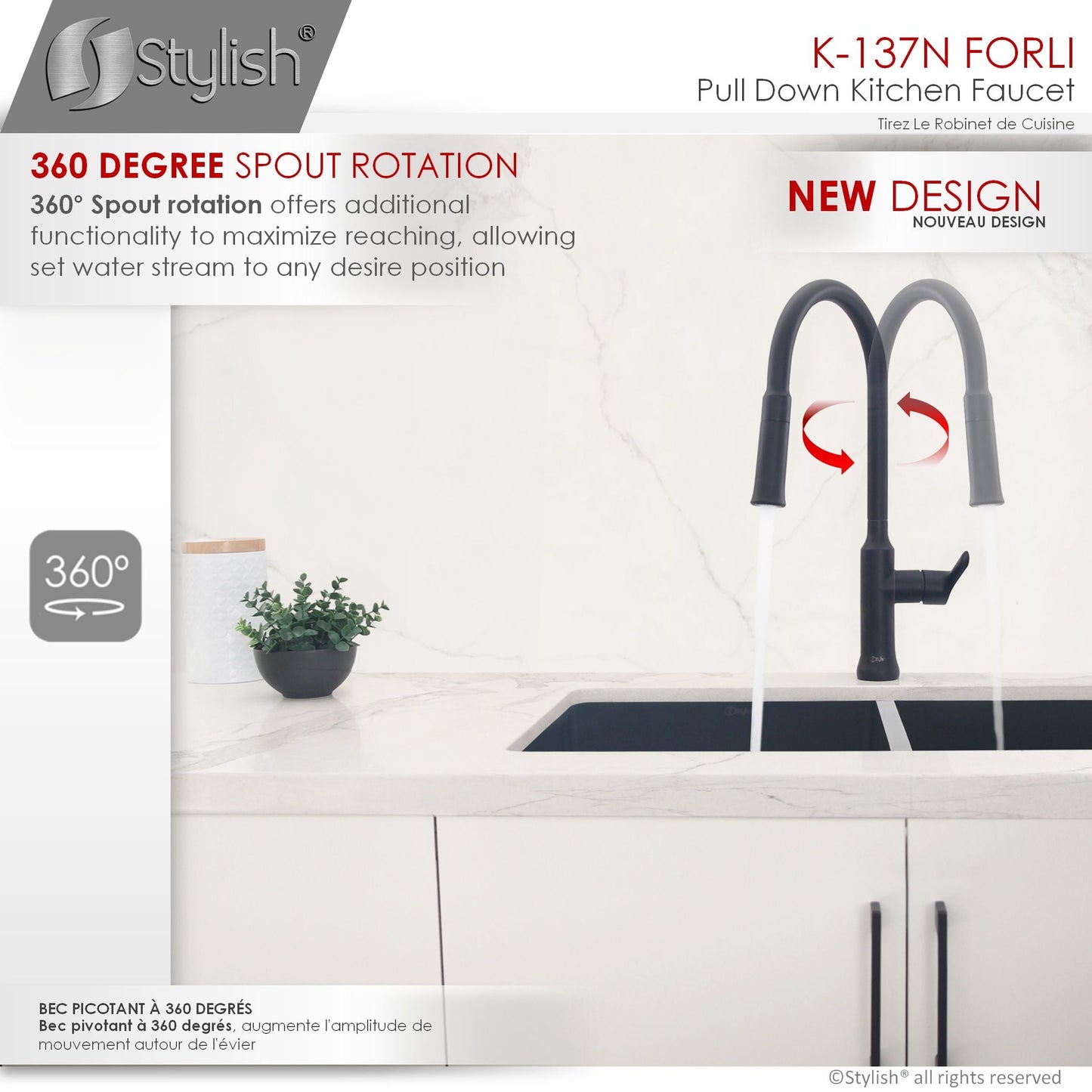 Stylish Forli 18.5" Kitchen Faucet Single Handle Pull Down Dual Mode Stainless Steel Matte Black Finish K-137N