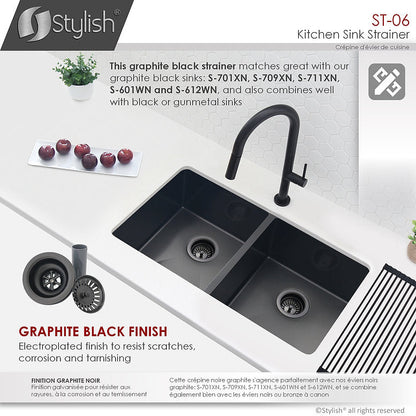 Stylish 3.5" Pearl Black Stainless Steel Kitchen Sink Strainer with Removable Basket, Strainer Assembly ST-06