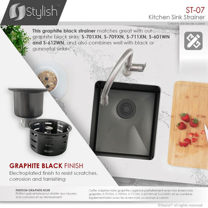 Stylish 3.5" Graphite Black Stainless Steel Kitchen Sink Extra Deep Strainer With Removable Basket, Strainer Assembly by Stylish ST-07