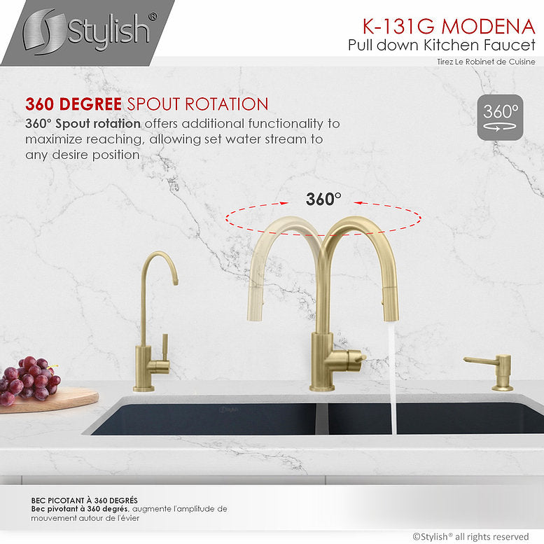 Stylish Modena 14" Kitchen Faucet Single Handle Pull Down Dual Mode Stainless Steel Gold Finish K-131G