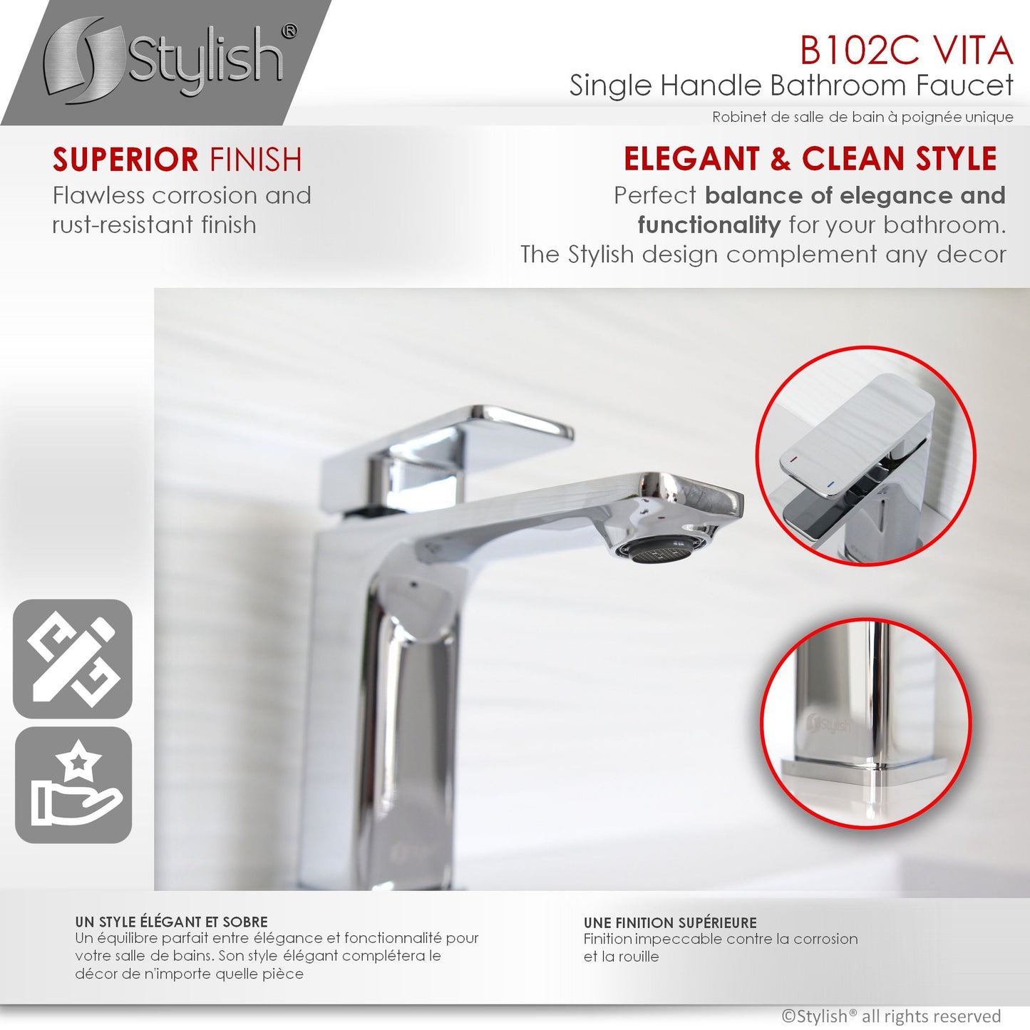 Stylish Vita Single Handle 6" Bathroom Faucet for Single Hole Brass Basin Mixer Tap, Polished Chrome Finish B-102C