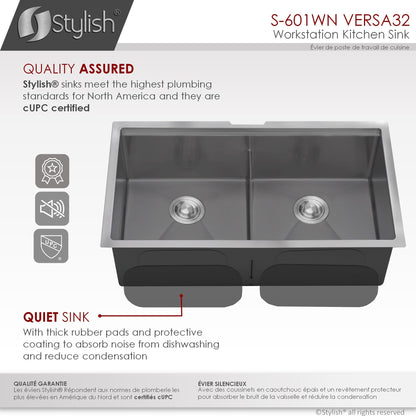 Stylish VERSA32 32" x 19" Graphite Black Workstation Double Bowl Undermount 16 Gauge Stainless Steel Kitchen Sink with Built in Accessories, S-601WN