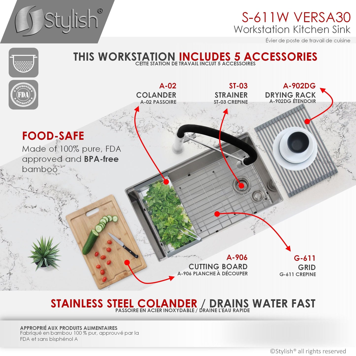 Stylish Versa30 30" x 19" Workstation Single Bowl Undermount 16 Gauge Stainless Steel Kitchen Sink with Built in Accessories S-611W