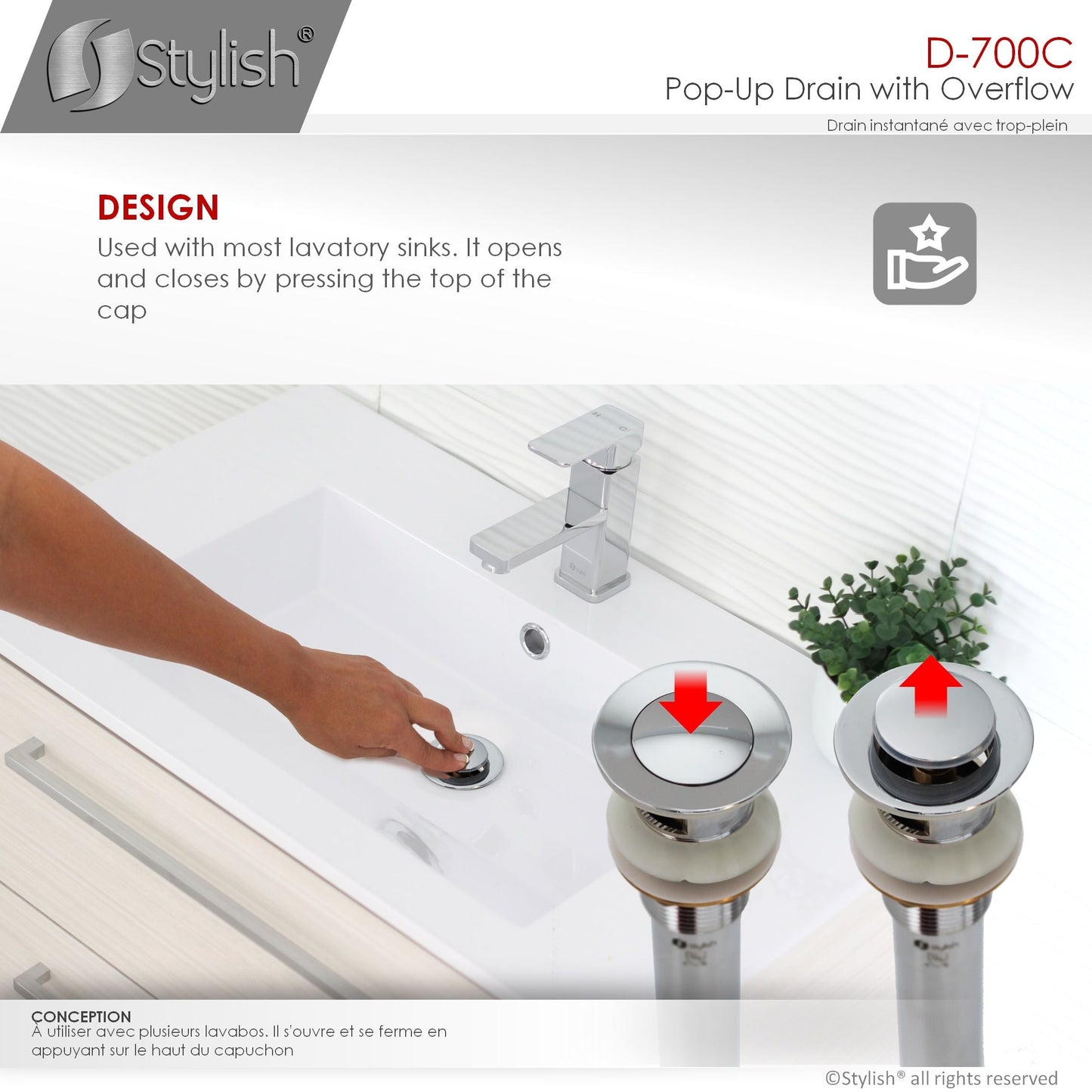 Stylish Pop-Up Drain with Overflow, Polished Chrome Finish D-700C