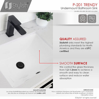 Stylish Trendy 18.25" x 13" Rectangular Undermount Bathroom Sink with Overflow Polished Chrome P-201