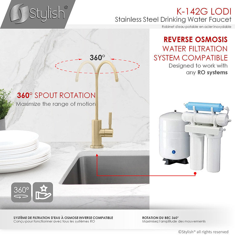 Stylish Lodi 11.25" Kitchen Drinking Water Tap Faucet, Stainless Steel Brushed Gold Finish K-142G