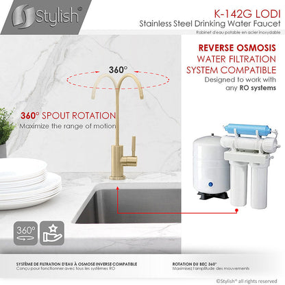 Stylish Lodi 11.25" Kitchen Drinking Water Tap Faucet, Stainless Steel Brushed Gold Finish K-142G