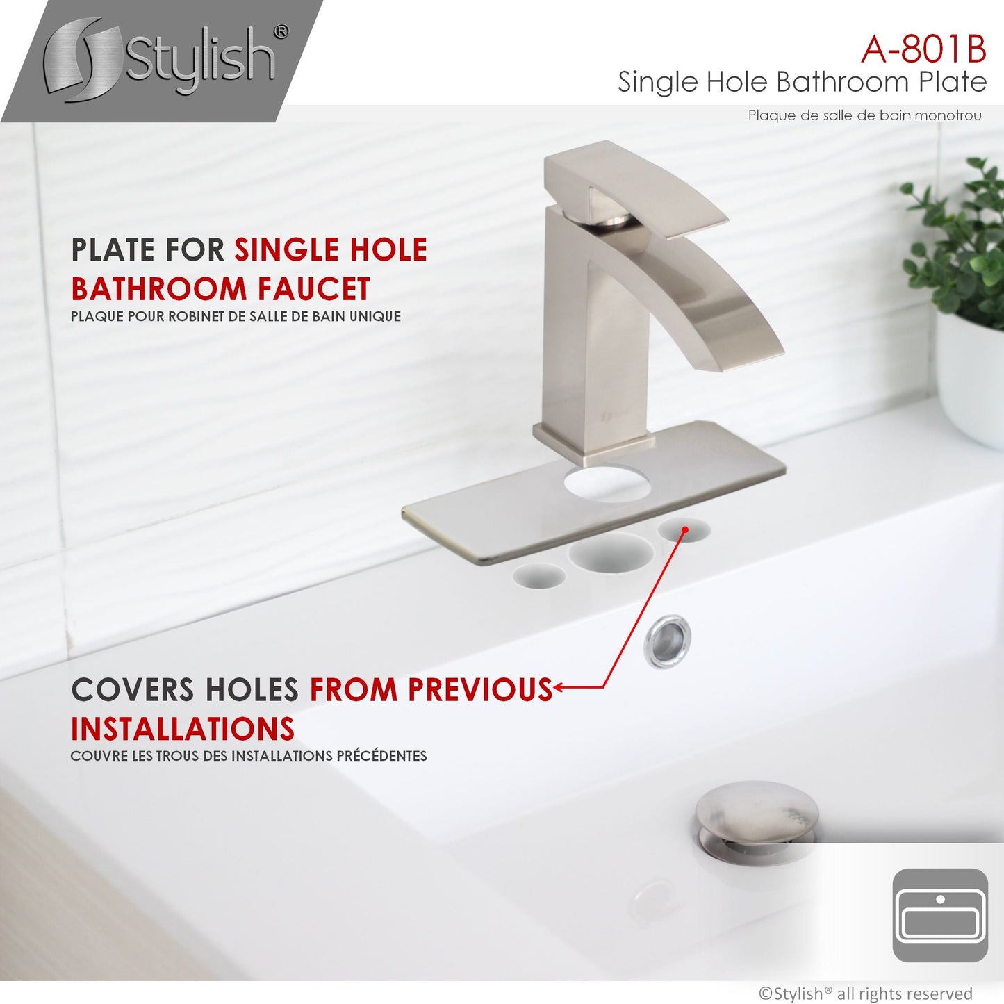 Stylish Single Hole Bathroom Faucet Plate in Brushed Nickel Finish A-801B