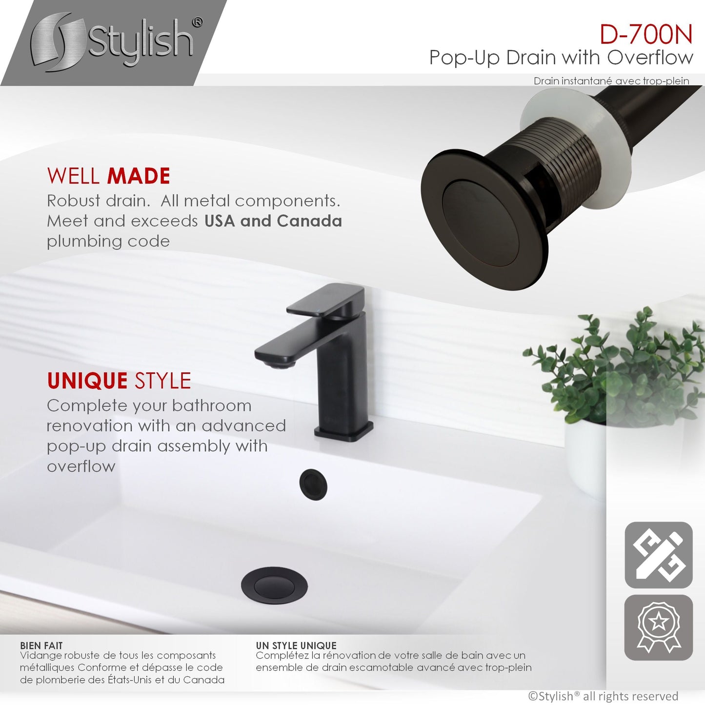 Stylish Pop-Up Drain with Overflow, Matte Black Finish D-700N