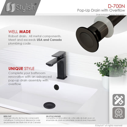 Stylish Pop-Up Drain with Overflow, Matte Black Finish D-700N