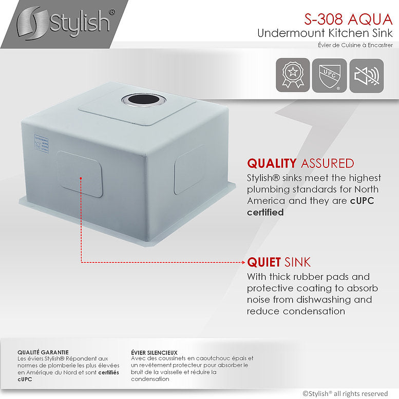 Stylish Aqua 19" x 18" Single Bowl Undermount Stainless Steel Kitchen Sink Laundry S-308XG