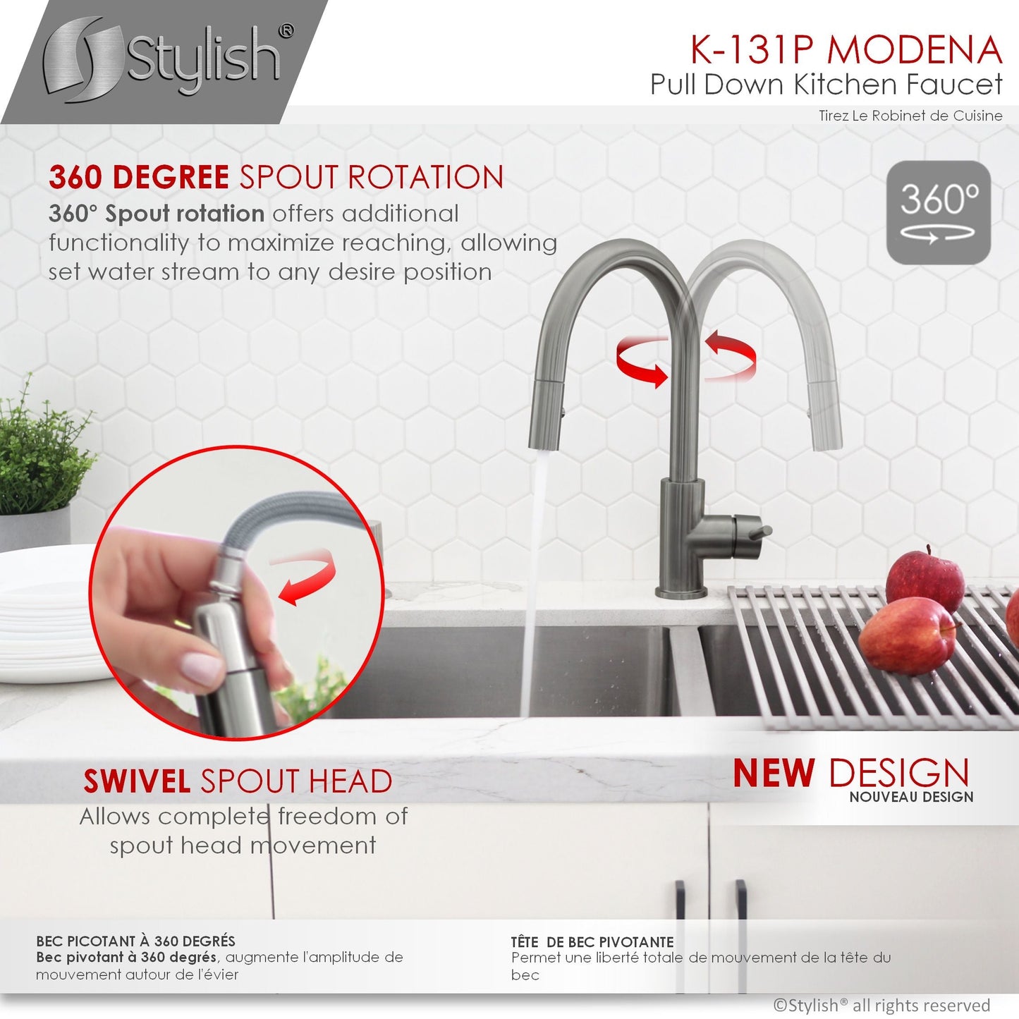 Stylish Modena 14" Kitchen Faucet Single Handle Pull Down Dual Mode Stainless Steel GunMetal Finish K-131P
