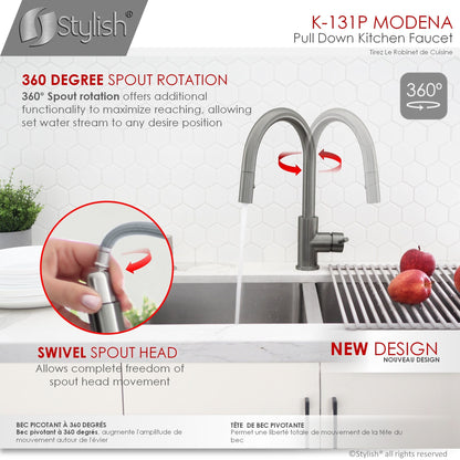 Stylish Modena 14" Kitchen Faucet Single Handle Pull Down Dual Mode Stainless Steel GunMetal Finish K-131P