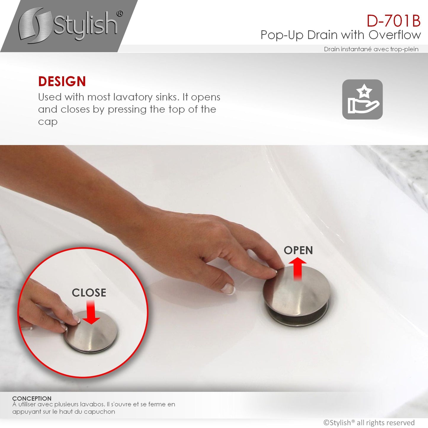 Stylish Pop-Up Drain with Overflow, Brushed Nickel Finish D-701B