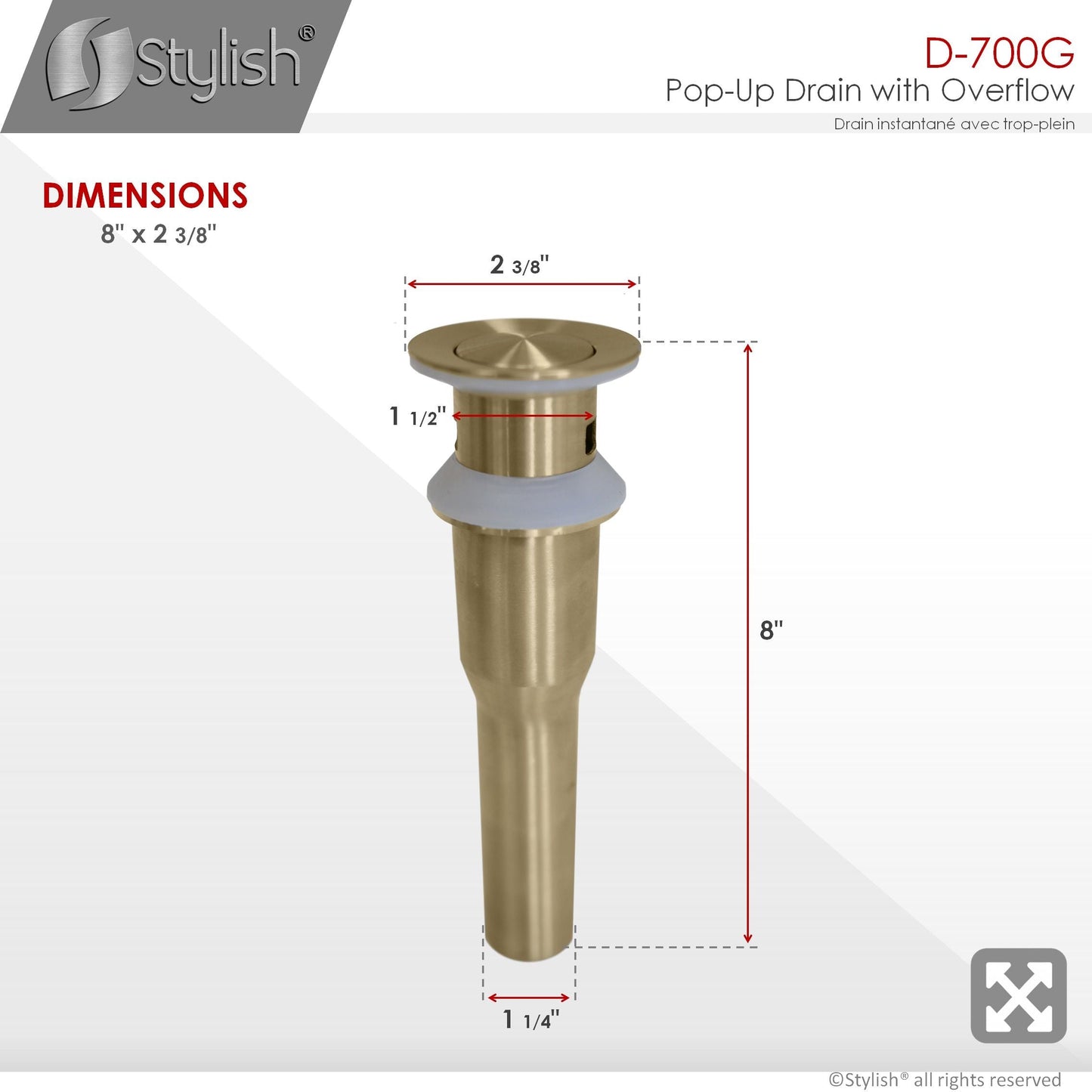 Stylish Stainless Steel Bathroom Sink Pop-Up Drain with Overflow D-700G