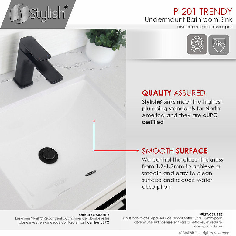 Stylish Trendy 18" Rectangular Undermount Bathroom Sink with Overflow Polished Chrome P-201X (Only Available With Purchase of 50+)