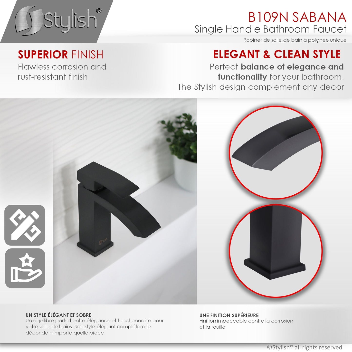 Stylish Sabana Single Handle 7" Bathroom Faucet for Single Hole Brass Basin Mixer Tap, Matte Black Finish B-109N