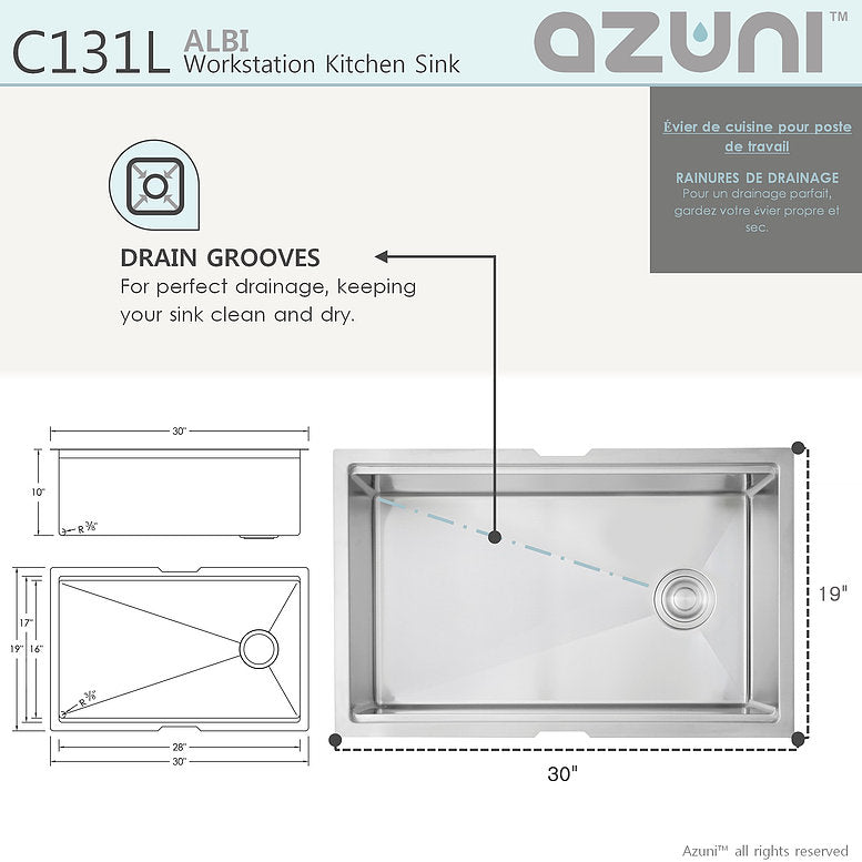 Stylish Azuni Albi 30" x 19" Reversible Undermount Workstation Single Bowl Kitchen Sink C131L