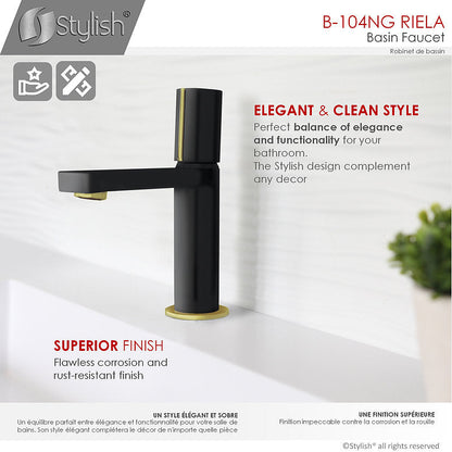 Stylish Single Handle Modern Bathroom Basin Sink Faucet in Matte Black with Gold accents Finish B-104NG