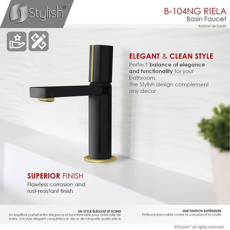 Stylish Single Handle Modern Bathroom Basin Sink Faucet in Matte Black with Gold accents Finish B-104NG
