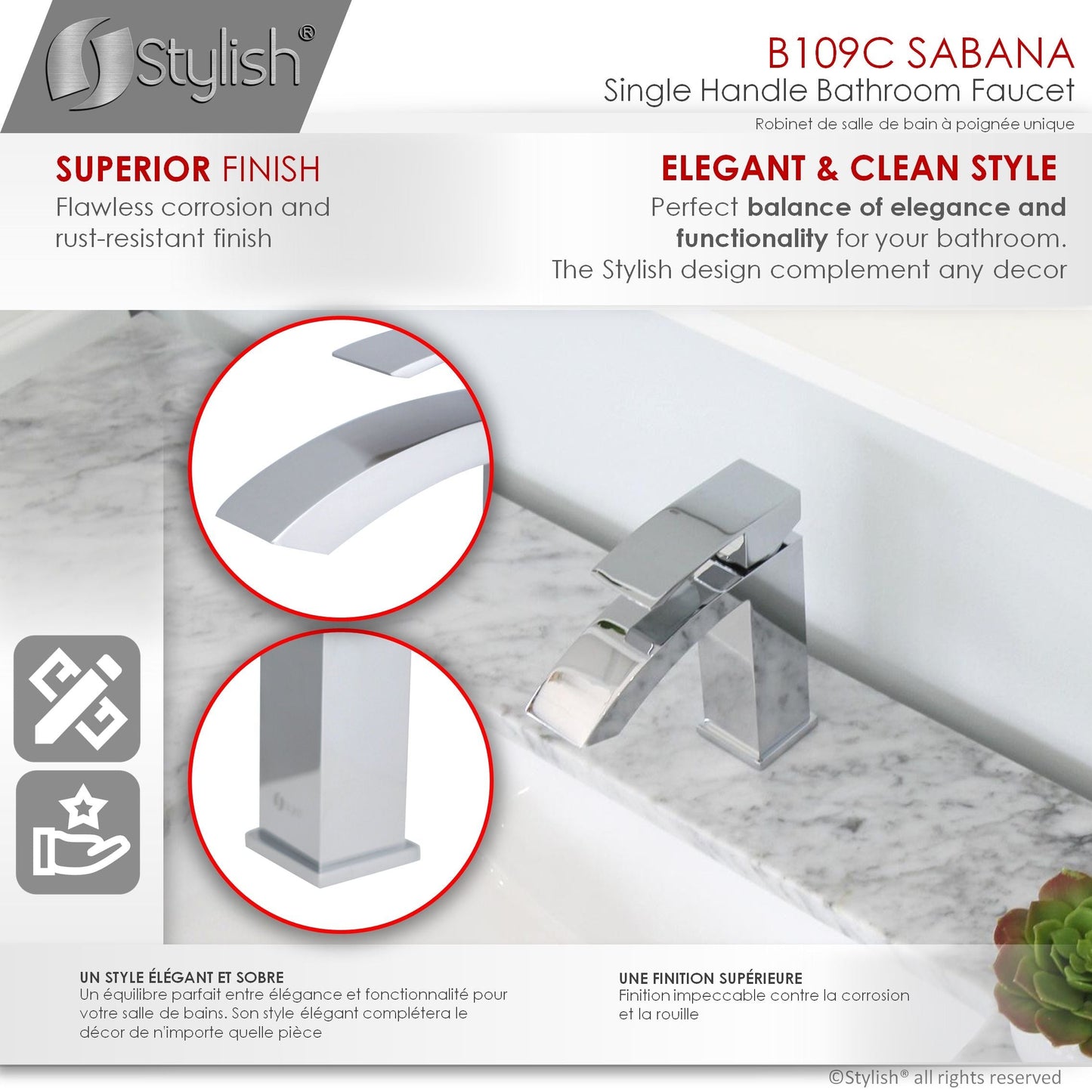 Stylish Sabana Single Handle 7" Bathroom Faucet for Single Hole Brass Basin Mixer Tap, Polished Chrome Finish B-109C