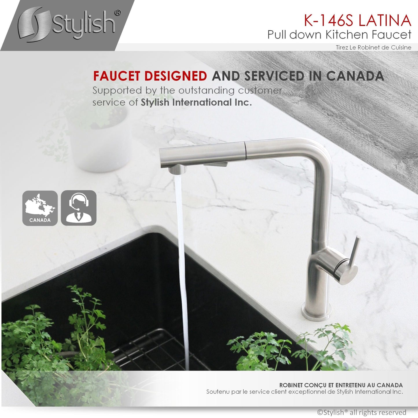 Stylish Latina 13" Kitchen Faucet Single Handle Pull Down Dual Mode Stainless Steel Brushed Finish K-146S