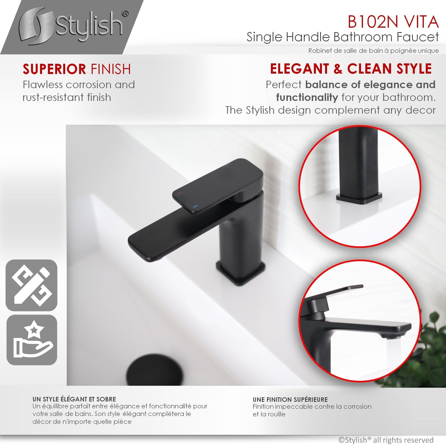 Stylish Vita Single Handle 6" Bathroom Faucet for Single Hole Brass Basin Mixer Tap, Matte Black Finish B-102N