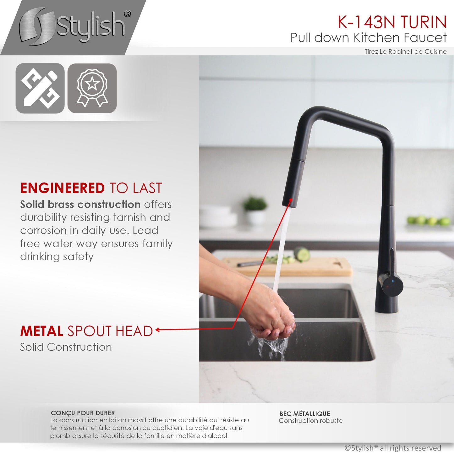 Stylish Turin 17" Kitchen Faucet Single Handle Pull Down Dual Mode Lead Free Matte Black K-143N