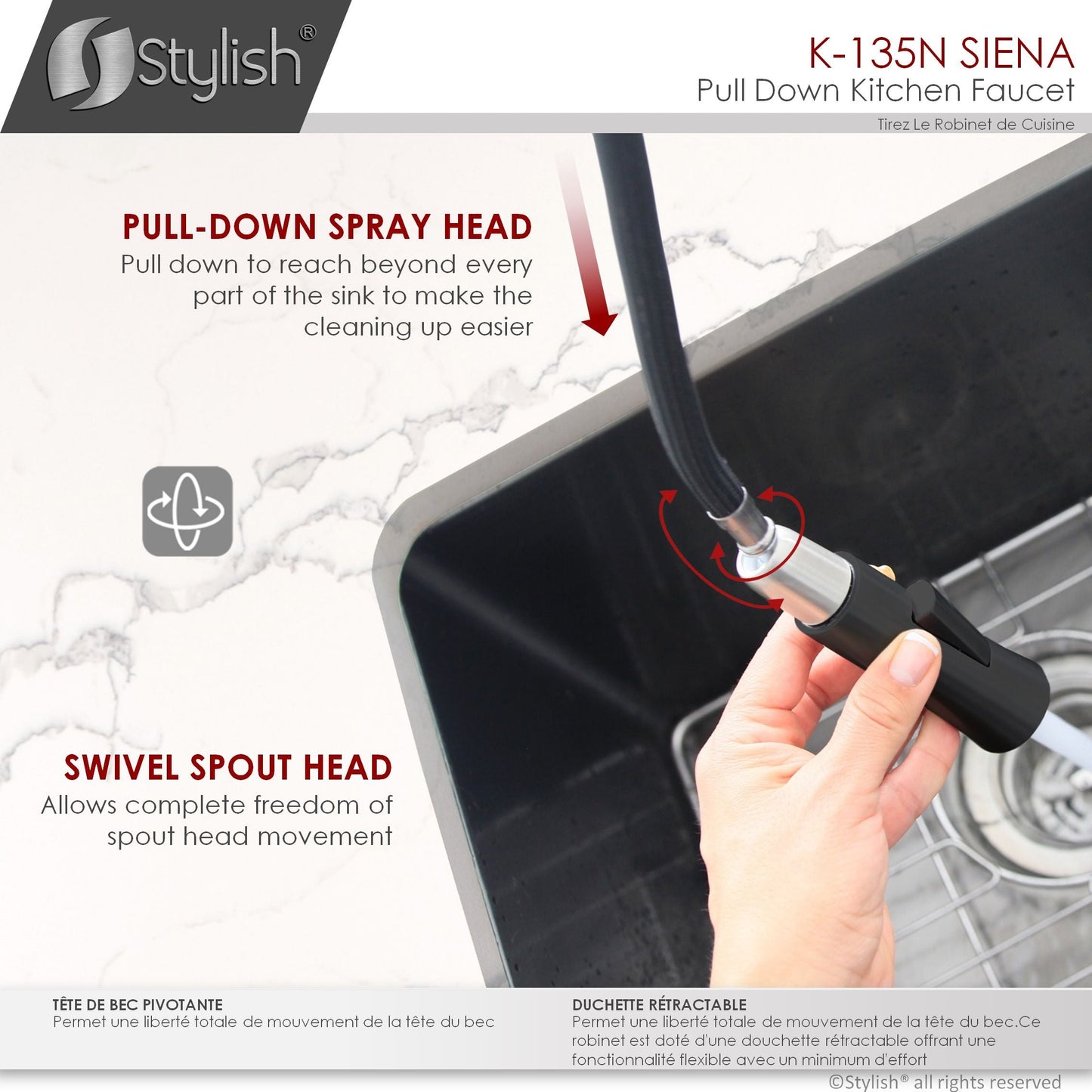 Stylish Siena 17" Kitchen Faucet Single Handle Pull Down Dual Mode Stainless Steel in Matte Black Finish K-135N