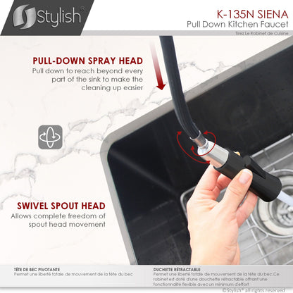 Stylish Siena 17" Kitchen Faucet Single Handle Pull Down Dual Mode Stainless Steel in Matte Black Finish K-135N