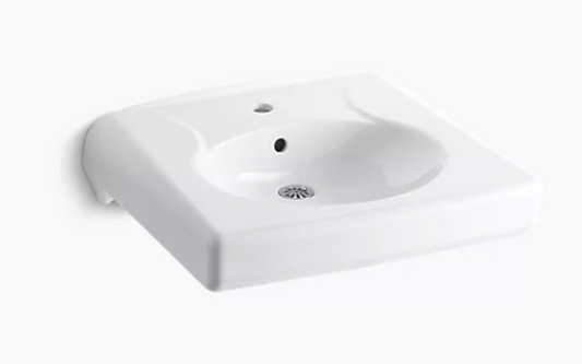 Kohler Brenham wall-mounted or concealed carrier arm mounted commercial bathroom sink with single faucet hole, antimicrobial finish -White