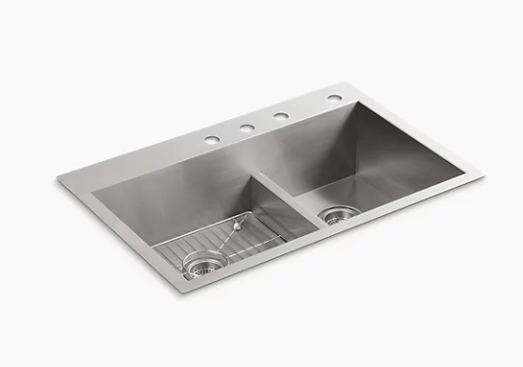 Kohler Vault 33" X 22" X 9-5/16" Smart Divide Top-mount/undermount Large/medium Double-bowl Kitchen Sink With 4 Faucet Holes