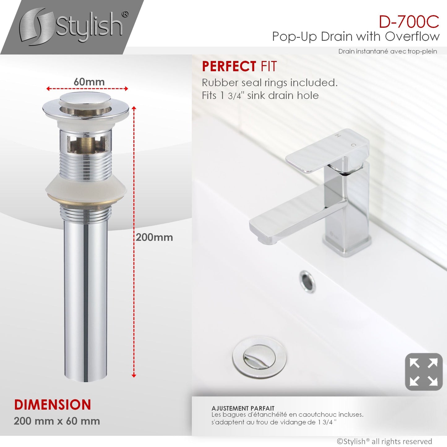 Stylish Pop-Up Drain with Overflow, Polished Chrome Finish D-700C