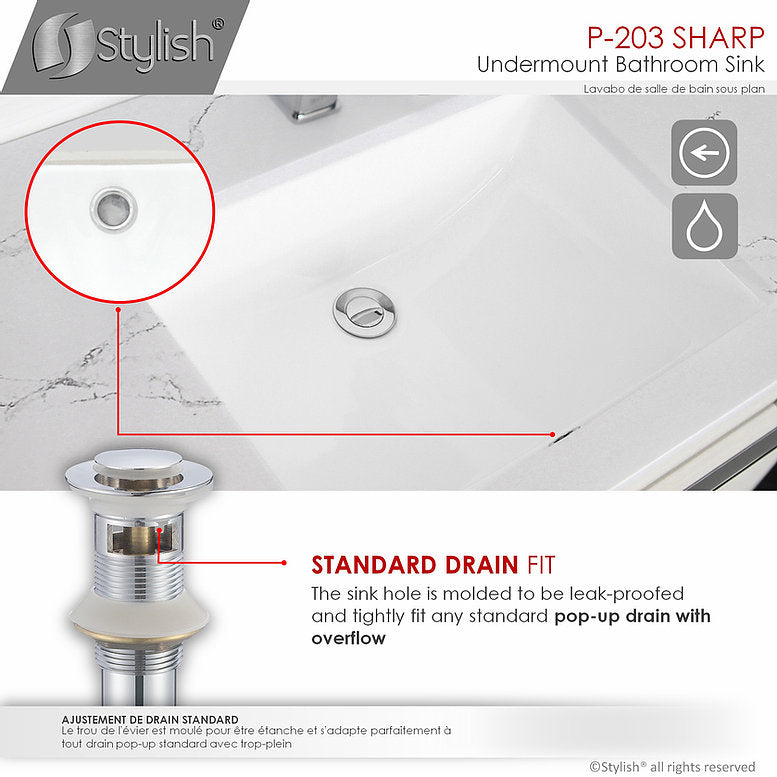 Stylish Sharp 21.25" x 14.5" Rectangular Undermount Bathroom Sink with Overflow Polished Chrome P-203
