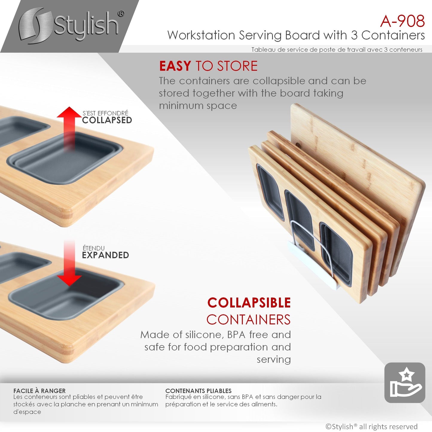Stylish Workstation Serving Board With 3 Containers A-908