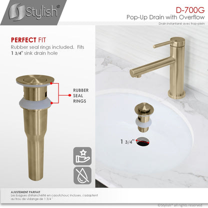 Stylish Stainless Steel Bathroom Sink Pop-Up Drain with Overflow D-700G