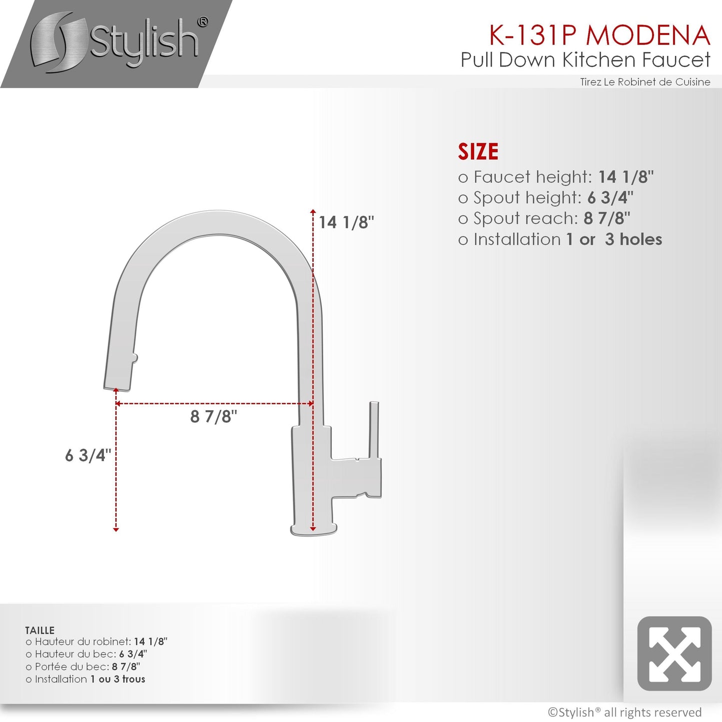 Stylish Modena 14" Kitchen Faucet Single Handle Pull Down Dual Mode Stainless Steel GunMetal Finish K-131P