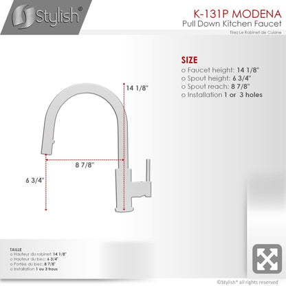 Stylish Modena 14" Kitchen Faucet Single Handle Pull Down Dual Mode Stainless Steel GunMetal Finish K-131P