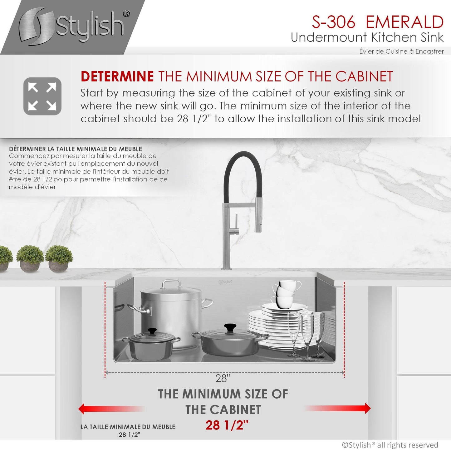 Stylish EMERALD 28" x 18" Single Bowl Kitchen Sink, 16 Gauge Stainless Steel with Grid and Basket Strainer, S-306XG