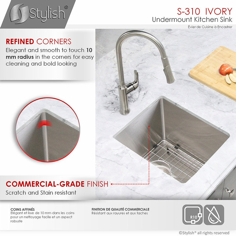 Stylish Ivory 14" x 18" Single Bowl Undermount Stainless Steel Kitchen Bar Sink S-310G
