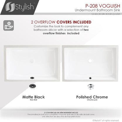 Stylish Voguish 24" x 16" Rectangular Undermount Ceramic Bathroom Sink with 2 Overflow Finishes P-208