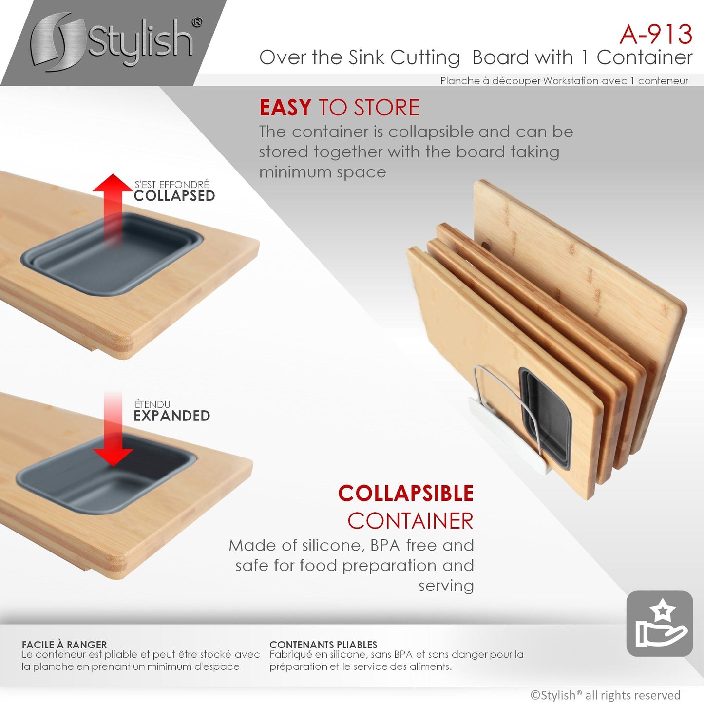 Stylish 18" Over The Sink Serving Board With 1 Container A-913